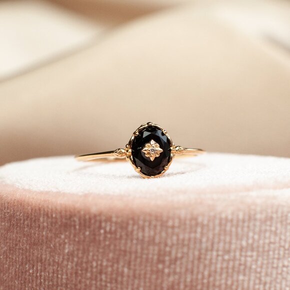 Black Agate Gold Signet Ring, Gold Vermeil Rings, Stackable Gold Ring - Picture 5 of 10